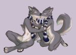  4_toes 5_fingers anthro anthro_on_anthro black_nose canid canine canis digital_media_(artwork) duo female fingers gonewiththefart kissing male male/female mammal nude pink_background scarf simple_background toes wolf 