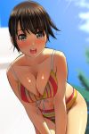  1girl :d absurdres bangs bare_shoulders bikini black_hair blue_sky blurry blurry_background blush breasts brown_eyes cleavage cloud day depth_of_field eyebrows_visible_through_hair front-tie_bikini front-tie_top hair_between_eyes highres leaning_forward looking_at_viewer matsunaga_kouyou medium_breasts navel nose_blush open_mouth original outdoors round_teeth sky smile solo striped striped_bikini_bottom swimsuit teeth upper_teeth vertical-striped_bikini_top vertical_stripes 