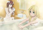  2girls bath bathtub blonde_hair breasts brown_eyes brown_hair convenient_censoring estelle_rosenthal green_eyes large_breasts long_hair multiple_girls small_breasts smile soap_bubbles soap_censor stretch to_aru_kagaku_no_accelerator water 