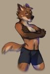  5_fingers anthro black_nose brown_fur brown_hair canid canine canis clothed clothing coyote digital_media_(artwork) fingers fur gonewiththefart hair male mammal smile solo topless 