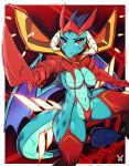  2019 absurd_res anthro armor armwear avante92 blue_body blue_tail breasts clothed clothing cosplay dragon female friendship_is_magic garter_straps hi_res horn ineffective_clothing invalid_tag kill_la_kill legwear looking_at_viewer melee_weapon membrane_(anatomy) membranous_wings my_little_pony navel non-mammal_breasts princess_ember_(mlp) red_eyes scalie senketsu skimpy solo thick_thighs unconvincing_armor weapon wings 