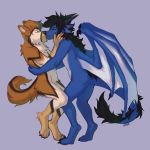  1:1 5_fingers anthro anthro_on_anthro brown_fur canid canine canis digital_media_(artwork) domestic_dog dragon fingers fur furred_dragon gonewiththefart kissing male male/male mammal membrane_(anatomy) membranous_wings purple_background simple_background wings 