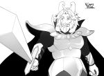  2016 anthro asgore_dreemurr boss_monster bovid cape caprine clothing crown facial_hair hair horn long_ears long_horns male mammal melee_weapon monochrome rie_(artist) sword undertale video_games weapon 