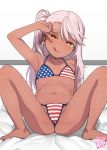  1girl american_flag_bikini ass bangs bare_shoulders barefoot bikini blush breasts chloe_von_einzbern closed_mouth collarbone dark_skin fate/kaleid_liner_prisma_illya fate_(series) flag_print hair_between_eyes hand_gesture heart heart-shaped_pupils knees_up leaning_back legs licking_lips long_hair looking_at_viewer navel one_side_up pink_hair rkrk small_breasts smile solo spread_legs swimsuit symbol-shaped_pupils thighs tongue tongue_out v yellow_eyes 