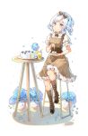  1girl alternate_costume blue_eyes blue_hair blush boots breasts cake chair commentary_request food full_body hair_ribbon highres juno_(warship_girls_r) plant plate pot ribbon simple_background sitting situmey small_breasts smile solo warship_girls_r white_background 