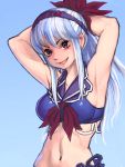  1girl adapted_costume armpits arms_behind_head arms_up bangs bare_shoulders bikini blue_background blue_bikini blue_hairband breasts brown_eyes commentary_request eyebrows_visible_through_hair gengoroumaru_(ambidextrous) grin hair_between_eyes hair_ribbon hairband head_tilt kamishirasawa_keine large_breasts long_hair navel no_hat no_headwear red_ribbon ribbon sidelocks silver_hair simple_background smile solo stomach swimsuit touhou upper_body 