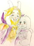  2016 anthro asgore_dreemurr blonde_hair blush bodily_fluids boss_monster bovid cape caprine clothing crown duo facial_hair female hair happy horn kemono long_ears long_horns male mammal pregnant rie_(artist) robe romantic_couple smile tears toriel undertale video_games 