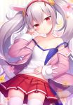  1girl amane_kurumi animal_ears azur_lane bangs blush bunny_ears camisole collarbone commentary_request cowboy_shot eyebrows_visible_through_hair hair_between_eyes hair_ornament hairband head_tilt jacket laffey_(azur_lane) long_hair long_sleeves looking_at_viewer off_shoulder open_clothes open_jacket parted_lips pink_jacket pleated_skirt red_eyes red_hairband red_skirt silver_hair skirt solo strap_slip thighhighs twintails very_long_hair white_camisole white_legwear 