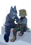  2017 anthro canid canine canis comforting duo fox fox_mccloud kemono male mammal nintendo sad shinki_k simple_background star_fox video_games white_background wolf wolf_o&#039;donnell 