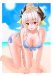  1girl :d all_fours barefoot beach bikini blue_bikini blue_sky blush border bow breasts cleavage cloud collarbone day dragon_horns fate/grand_order fate_(series) front-tie_bikini front-tie_top hair_bow hanging_breasts heart heart-shaped_pupils horns kiyohime_(fate/grand_order) kiyohime_(swimsuit_lancer)_(fate) kneeling large_breasts long_hair ocean open_mouth ponytail red_eyes side-tie_bikini silver_hair sky smile solo sun suzuri_ir swimsuit symbol-shaped_pupils white_border yellow_bow 