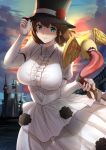  1girl absurdres braid breasts brown_hair castle charlotte_corday_(fate/grand_order) dress fate/grand_order fate_(series) fujitsubo_(hujitubo0731) green_eyes halo hat highres huge_filesize knife large_breasts long_dress sunset white_dress wings 