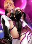  1girl ass asuna_(sao) bare_shoulders black_gloves blonde_hair blush breasts cameltoe censored corruption dark_persona earrings elbow_gloves gloves highres jewelry large_breasts leotard miyashiro_ryuutarou penis pussy_juice red_eyes smile solo sword_art_online thighhighs white_legwear 