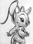  2012 4_fingers alien alvarotwain angel_(lilo_and_stitch) antennae_(anatomy) back_markings disney experiment_(lilo_and_stitch) eyelashes fingers graphite_(artwork) greyscale lilo_and_stitch looking_away markings monochrome pencil_(artwork) simple_background small_tail smile solo standing traditional_media_(artwork) white_background 