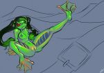  2019 amphibian anthro breasts eyewear female frog glasses halcy0n implied_transformation navel nipples nude pigtails pussy simple_background sitting solo spread_legs spreading tharkis 