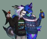  5_fingers black_nose blue_fur canid canine clothed clothing digital_media_(artwork) fingers fish fox fur gonewiththefart hair mammal marine open_mouth shark smile standing teeth tongue white_hair 