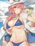  1girl ;o animal_ears arm_up bangs beach bikini blue_bikini blush bracelet breasts cleavage cloud cloudy_sky commentary_request cowboy_shot day ears_through_headwear eyebrows_visible_through_hair fate/grand_order fate_(series) fingernails fox_ears fox_girl fox_tail hair_tie hat highres innertube jewelry large_breasts long_fingernails long_hair looking_at_viewer low_ponytail navel necklace ocean one_eye_closed orange_ribbon outdoors parted_lips pink_hair ribbon rinarisa side-tie_bikini sky solo stomach strap_gap sun_hat swimsuit tail tamamo_(fate)_(all) tamamo_no_mae_(swimsuit_lancer)_(fate) towel towel_around_neck underboob white_headwear yellow_eyes 