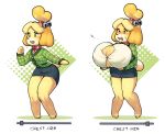  animal_crossing anthro big_breasts black_nose blush bodily_fluids bottomwear breast_expansion breast_slider breasts canid canine canis chest_slider clothing collar domestic_dog english_text female fur green_clothing green_shirt green_topwear isabelle_(animal_crossing) mammal nintendo nipple_outline open_mouth pawpads ponytail sequence shirt skirt small_breasts softdon sweat teeth text topwear video_games yellow_fur 