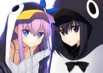  2girls animal_costume animal_hood black_hair blue_eyes blue_ribbon bow bowtie bra_strap collarbone eyebrows_visible_through_hair fate/extra fate/extra_ccc fate/grand_order fate_(series) hair_bow highres hood hood_up hoodie kuonji_alice long_hair mahou_tsukai_no_yoru meltryllis multiple_girls parted_lips penguin_costume purple_eyes purple_hair ribbon simple_background smile suga_hideo type-moon white_background 