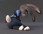  2019 3_toes 3d_(artwork) 5:4 adamb/fluffy anthro butt butt_shot clothed clothing digital_media_(artwork) disney feet female fur hi_res judy_hopps lagomorph leporid looking_at_viewer looking_back mammal purple_eyes rabbit simple_background sitting solo toes uniform zootopia 