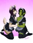  2017 accessory anthro apron black_hair breasts brown_eyes canid canine canis choker cleavage clothed clothing digital_media_(artwork) dog_tail domestic_dog duo female female/female female_on_anthro fur gradient_background hair hand_holding headband hi_res horn humanoid humanoid_pointy_ears interlocked_fingers jewelry kneeling legwear looking_at_viewer maid_uniform mammal necklace open_mouth orc orc_humanoid raised_tail rayzoir short_tail simple_background stockings thigh_highs tusks uniform 