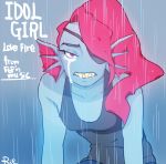  2016 anthro bodily_fluids clothing crying eye_patch eyewear female fin fish hair marine ponytail raining red_hair rie_(artist) shirt simple_background tank_top tears text topwear undertale undyne video_games 
