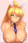  1girl ahoge artoria_pendragon_(all) artoria_pendragon_(lancer) bangs bare_shoulders blonde_hair blush breast_hold breasts bunnysuit cleavage collarbone crossed_arms crown detached_collar eyebrows_visible_through_hair eyes_visible_through_hair fate/grand_order fate_(series) green_eyes highres huge_breasts leotard long_hair looking_at_viewer necktie pink_background ponytail saisarisu shawl shiny shiny_skin sidelocks simple_background smile solo upper_body very_long_hair white_leotard 