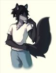  5_fingers anthro black_fur black_hair black_nose blue_eyes canid canine canis clothed clothing digital_media_(artwork) domestic_dog fingers fur gonewiththefart hair male mammal simple_background solo standing white_background 