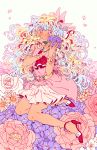  +_+ 1girl artist_name ascot blonde_hair blue_hair bracelet cloud_hair commentary curly_hair dress english_commentary floating_hair flower full_body hair_flower hair_ornament high_heels holding holding_flower jewelry long_hair looking_at_viewer multicolored_hair nia_teppelin petals pink_dress pink_eyes pink_flower purple_flower red_footwear red_neckwear rii_abrego sitting sleeveless sleeveless_dress smile solo tengen_toppa_gurren_lagann two-tone_hair 