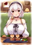  1girl alternate_costume anchor_choker azur_lane bangs bare_shoulders blush booth breasts cafe choker collarbone commentary detached_sleeves eyebrows_visible_through_hair food hair_between_eyes hairband heart-shaped_food holding holding_food indoors large_breasts looking_at_viewer manjuu_(azur_lane) open_mouth puffy_sleeves red_eyes ribbon_choker ry_thae sandwich short_hair sidelocks sirius_(azur_lane) sitting solo suspenders tray white_hair 