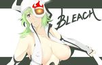  arrancar bad_id bad_pixiv_id bleach breast_slip breasts copyright_name covered_nipples detached_sleeves green_hair grey_eyes horns large_breasts lilynette_gingerbuck nanao_(mahaya) nipples no_bra older open_clothes open_shirt shirt skull solo vest 