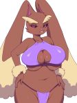  2018 anthro bra breasts brown_fur bugchomps clothing female front_view fur lagomorph looking_at_viewer lopunny mammal navel nintendo pok&eacute;mon pok&eacute;mon_(species) red_eyes smile smirk solo teeth thick_thighs thong underwear video_games 