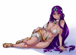  695_(mukuko) anklet bad_id bad_pixiv_id bikini bracelet breasts circlet collar come_hither curvy dark_skin dragon_quest dragon_quest_iv earrings huge_breasts jewelry loincloth long_hair lying manya navel no_panties on_side pelvic_curtain pubic_hair purple_eyes purple_hair sandals solo swimsuit thick_thighs thighs toes wide_hips 