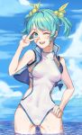  1girl ;d blue_hair blue_sky breasts cloud covered_navel day hair_bobbles hair_ornament hand_on_hip hand_up highres medium_breasts nail_polish one-piece_swimsuit one_eye_closed open_mouth original pink_nails short_hair short_twintails sky smile standing swimsuit swimsuits twintails v xinhong_ditan 