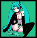  aqua_eyes aqua_hair bad_id bad_pixiv_id breasts detached_sleeves hatsune_miku headset long_hair nipples panties saiko_dagashi sitting small_breasts solo spread_legs striped striped_panties thighhighs twintails underwear vocaloid 