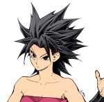  1girl arm_at_side arm_up bare_arms bare_shoulders black_eyes black_hair breasts caulifla cleavage close-up collarbone commentary_request dragon_ball dragon_ball_super face frown korean_commentary looking_away medium_breasts pink_tubetop rheepic serious simple_background solo spiked_hair strapless tubetop twitter_username upper_body white_background wristband 