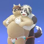  1:1 2019 absurd_res anthro belly blush bulge canid canine canis clothing domestic_dog duo eyewear glasses grop hi_res hug hugging_from_behind humanoid_hands hutoumei male male/male mammal masaki moobs navel overweight overweight_male swimwear 