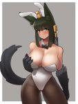  1girl animal_ear_fluff animal_ears anubis_(monster_girl_encyclopedia) ass_visible_through_thighs bangs bare_shoulders black_neckwear blush bow bowtie breasts brown_legwear bunny_ears bunnysuit contrapposto cowboy_shot dark_skin detached_collar donburikazoku fake_animal_ears fang fang_out green_eyes green_hair hair_ornament hand_on_own_chest highres huge_breasts leotard long_hair looking_at_viewer monster_girl monster_girl_encyclopedia pantyhose paws smile snake_hair_ornament solo strapless strapless_leotard tail white_leotard wolf_ears wolf_girl wolf_tail 