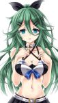  1girl amou_yuu bangs belt bikini bikini_skirt black_bow black_skirt bow bow_bikini breasts collar collarbone commentary_request eyebrows_visible_through_hair green_eyes green_hair hair_between_eyes hair_bow kantai_collection long_hair looking_at_viewer medium_breasts navel open_mouth parted_bangs portrait simple_background skirt solo swimsuit white_background white_belt yamakaze_(kantai_collection) 