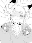  4_fingers anthro black_and_white blush canid canine clothed clothing cute_fangs female fingers flat_chested fox hair kemono looking_at_viewer mammal monochrome pawpads silinder simple_background smile solo white_background 