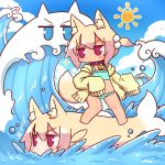  2girls animal_ear_fluff animal_ears animalization bangs bell bell_collar bikini bikini_under_clothes blonde_hair blue_bikini blue_eyes blue_sky blush brown_collar cloud collar day eyebrows_visible_through_hair fish fox_ears fox_girl fox_tail frilled_bikini frills hair_between_eyes hair_bobbles hair_ornament highres hood hood_down hooded_jacket jacket jingle_bell kemomimi-chan_(naga_u) long_hair long_sleeves multiple_girls naga_u original outdoors red_eyes sidelocks sky sleeves_past_fingers sleeves_past_wrists sparkle sun surfing swimsuit tail tan two_side_up v-shaped_eyebrows water waves yellow_jacket 