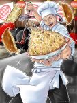  1boy absurdres apron artist_name bowl braid chef_hat chef_uniform cooking dated dumpling facial_hair fang food fried_rice goatee grey_hair hat highres ikeda_tsukasa ladle lau_chan male_focus mustache old_man open_mouth single_braid sleeves_rolled_up solo sparkle virtua_fighter virtua_fighter_5 waist_apron 