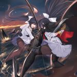  2girls action azur_lane bangs battle black_coat black_hair black_legwear bow breasts brown_eyes code_t_(azur_lane) dark_persona duel floating_hair gloves hair_bow highres holding holding_sword holding_weapon katana large_breasts long_hair looking_at_another military military_uniform miniskirt multiple_girls open_mouth outdoors pak_ce pantyhose pleated_skirt ponytail rigging rudder_footwear skirt standing sword takao_(azur_lane) uniform very_long_hair weapon white_bow 