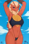  2019 anthro anthrofied avian big_breasts bikini blaziken blue_eyes breasts clothing cloud crotch_lines digital_media_(artwork) drakeraynier female hair hi_res looking_at_viewer mammal natural_breasts navel nintendo non-mammal_breasts palm_tree pok&eacute;mon pok&eacute;mon_(species) pok&eacute;morph sky sling_bikini smile solo standing swimwear tree video_games 