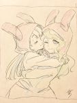  alternate_costume animal_ears blue_eyes blush bunny_ears closed_eyes diana_cavendish hand_on_another&#039;s_shoulder happy headwear highres hug kagari_atsuko kiss little_witch_academia long_hair long_sleeves looking_at_viewer mochiro_lwa monochrome multicolored_hair one_eye_closed pajamas simple_background sketch smile two-tone_hair wavy_hair 