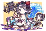  1girl absurdres animal bangle bangs bare_shoulders between_legs bikini blue_eyes blunt_bangs blush bracelet breasts brown_background checkered chibi closed_mouth collarbone commentary_request eyebrows_visible_through_hair fate/grand_order fate_(series) floral_print goggles goggles_on_head hair_ornament hand_between_legs hand_up highres ink jako_(jakoo21) jewelry katsushika_hokusai_(fate/grand_order) katsushika_hokusai_(swimsuit_saber)_(fate) long_hair looking_at_viewer low_twintails medium_breasts navel o-ring o-ring_bikini o-ring_bottom octopus outline platform_footwear purple_hair red_footwear short_eyebrows sitting swimsuit thick_eyebrows tokitarou_(fate/grand_order) translation_request twintails two-tone_background very_long_hair water waves white_background white_bikini white_outline 