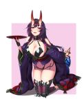  1girl absurdres bare_shoulders breasts cosplay cup fate/grand_order fate_(series) headpiece hiememiko highres horns japanese_clothes kimono large_breasts long_hair off-shoulder_kimono off_shoulder oni_horns open_clothes open_kimono open_mouth purple_eyes purple_hair purple_kimono revealing_clothes sakazuki shuten_douji_(fate/grand_order) shuten_douji_(fate/grand_order)_(cosplay) 