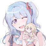  1girl bang_dream! bangs blue_hair blush eyebrows_visible_through_hair hair_ribbon hanazono_suki korean_commentary light_blue_hair long_hair matsubara_kanon one_eye_closed one_side_up open_mouth purple_eyes ribbon smile solo white_background 