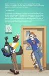  2018 5_fingers absurd_res anthro backpack backwards_baseball_cap baseball_cap blue_background bottomwear brooks brooks_(colt3n) canid canine canis caught clothed clothing colt3n diaper digital_media_(artwork) door duo english_text fingers footwear front_view fully_clothed hat headgear headwear hi_res inside jeans male mammal pants public school shoes simple_background standing story text toya_pup wolf 