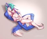  2019 4_toes 5_fingers anthro anthro_on_anthro areola black_nose blue_fur breasts canid canine canis cuddling digital_media_(artwork) duo female fingers fox fur green_hair hair hybrid lagomorph leporid male male/female mammal melianah nipples nude purple_hair rabbit simple_background toes wolf 