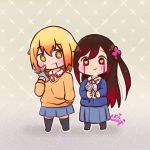  2girls artist_name black_hair blonde_hair blood blood_from_mouth bloody_tears blue_skirt blush cellphone cross frown gradient_hair grey_background gun heart heart-shaped_pupils hitori_bocchi hitoribocchi_no_marumaru_seikatsu long_hair mahou_shoujo_site medium_hair multicolored_hair multiple_girls no_shoes parody phone red_eyes school_uniform simple_background skirt smartphone smile sunao_nako symbol-shaped_pupils weapon yellow_eyes yuri-usagi 